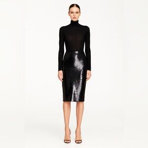 MICHAEL KORS Shimmering Black Sequin Pencil Midi Skirt | Gold Zipper | Size XS